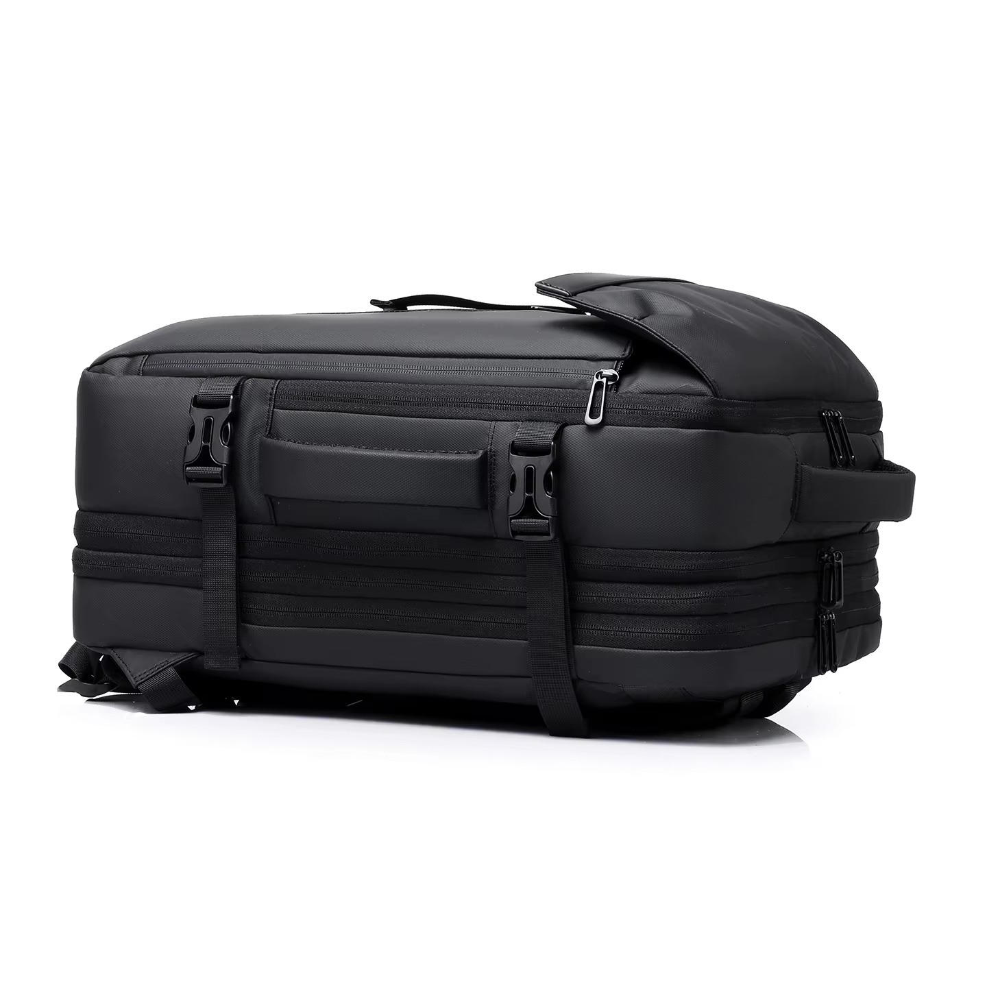 man loading helmet-packed backpack into overhead luggage compartment