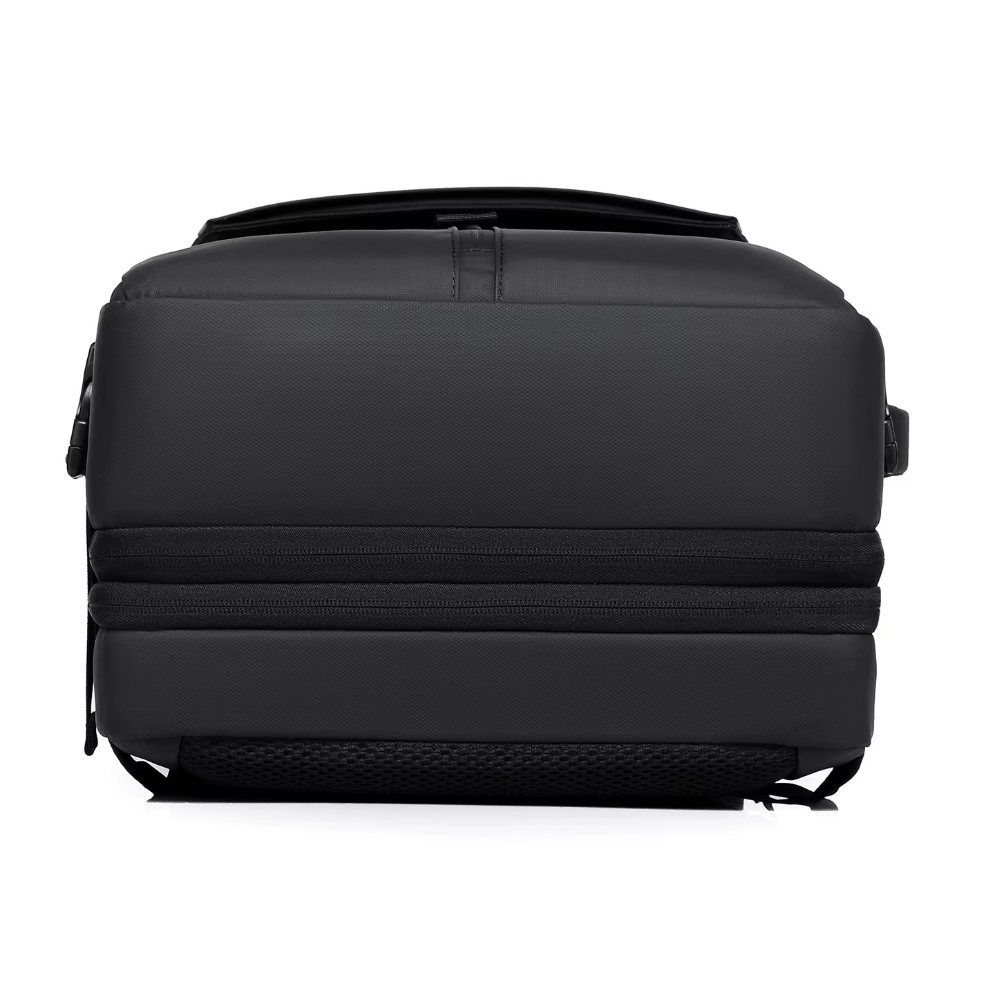 front view of black expandable travel backpack