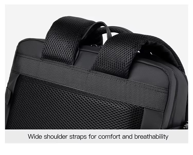 back view of black backpack showing mesh panel and straps