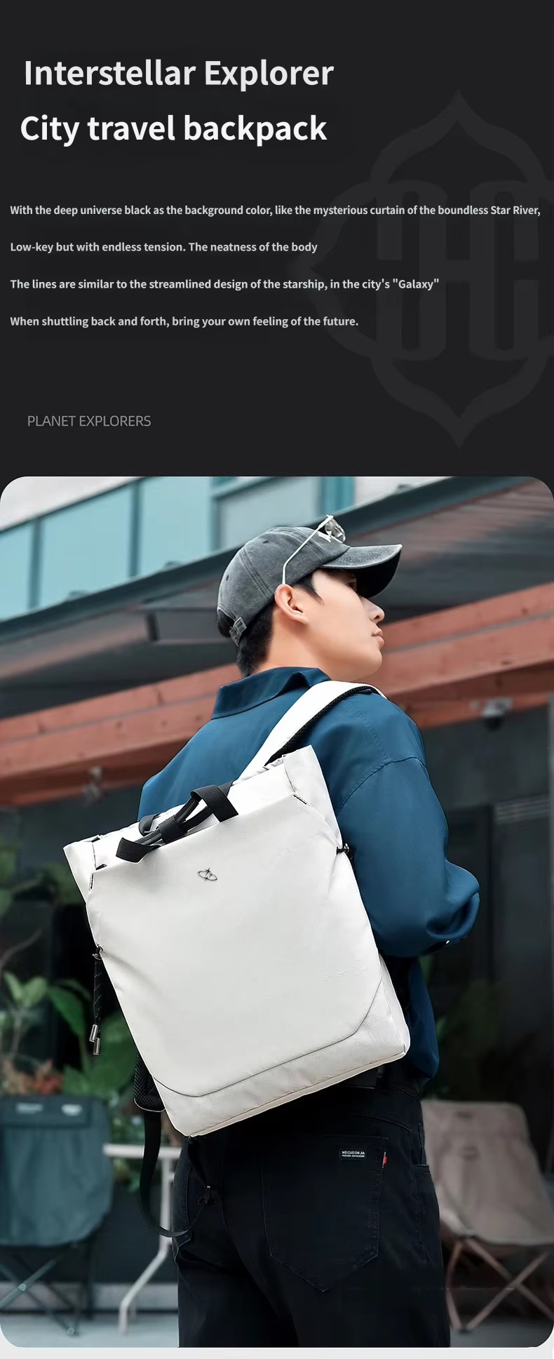 man wearing white tote backpack single strap city style banner