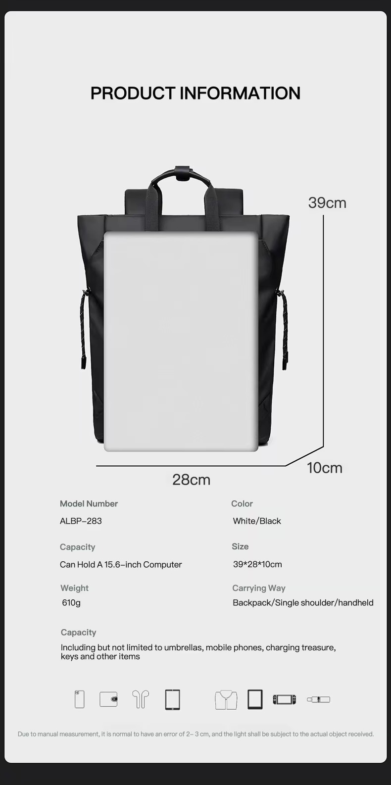product dimensions and specification chart 39x28x10cm