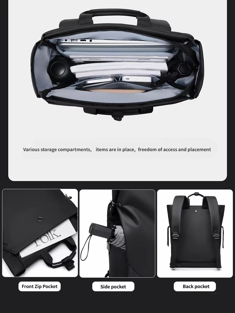 interior compartment packed with laptop tablet and accessories