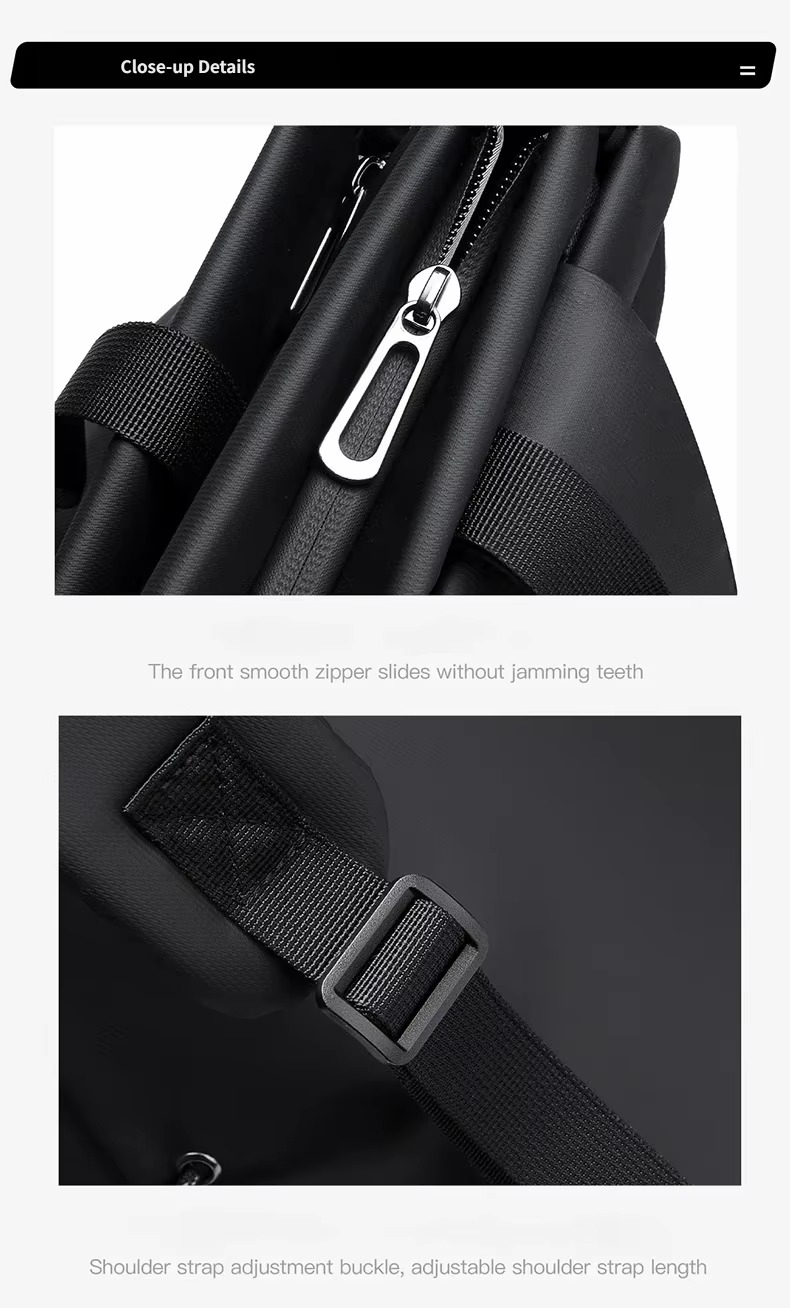 smooth front zipper and adjustable strap buckle close-up