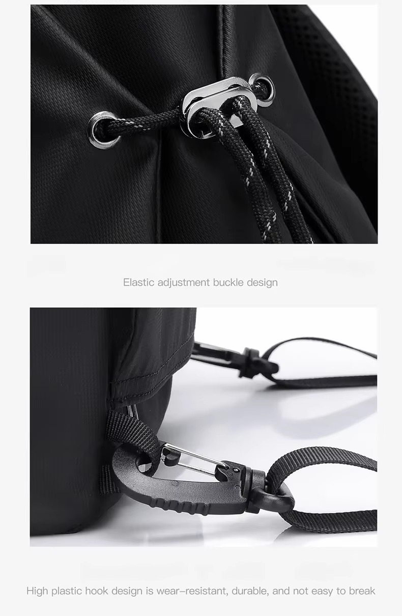 elastic drawstring cord lock and carabiner hook detail