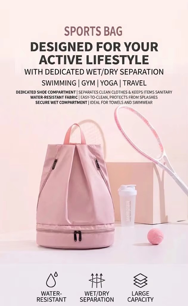 sports bag lifestyle scene with tennis racket and gym gear