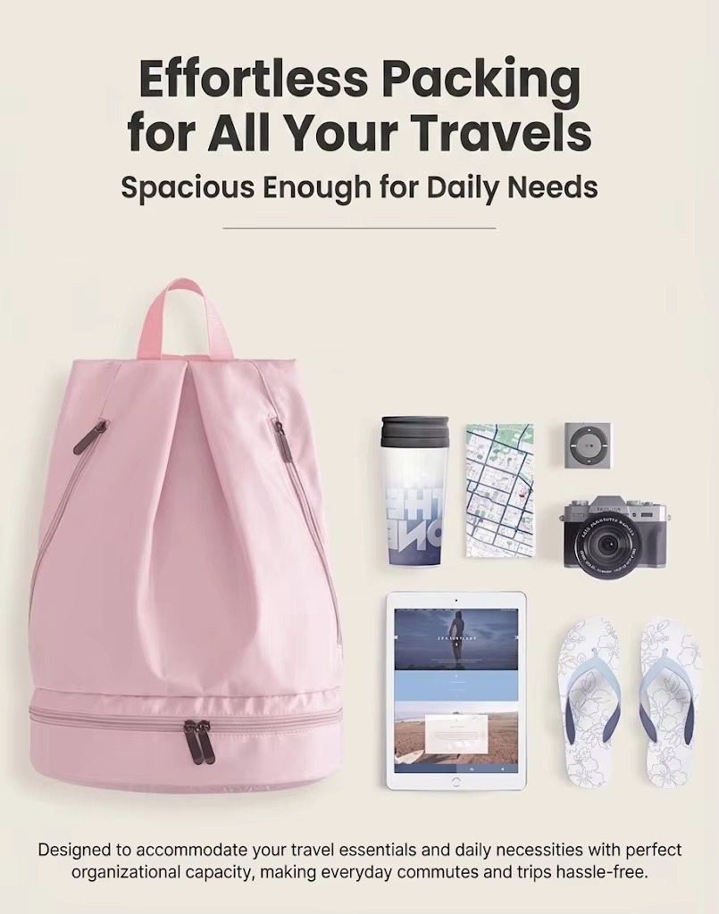 bag styled with travel items like tumbler, map, and tablet