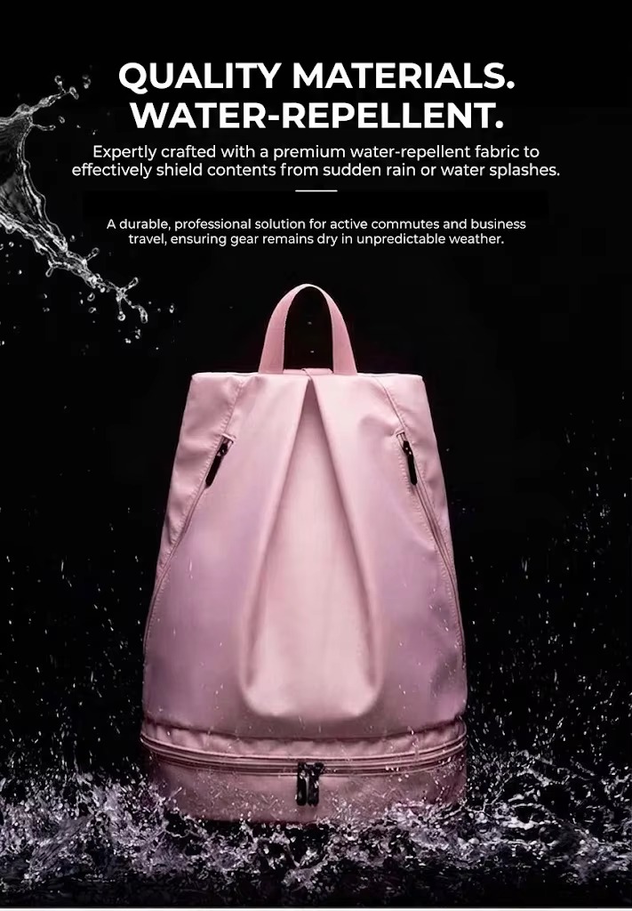 water-repellent bag being splashed with water droplets