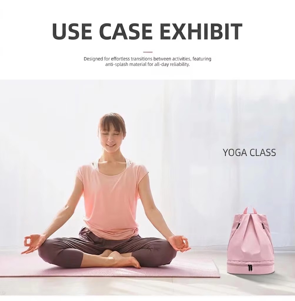 woman carrying pink backpack arriving at yoga class