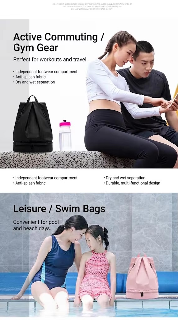 couple with black backpack at the gym and family with pink bag poolside