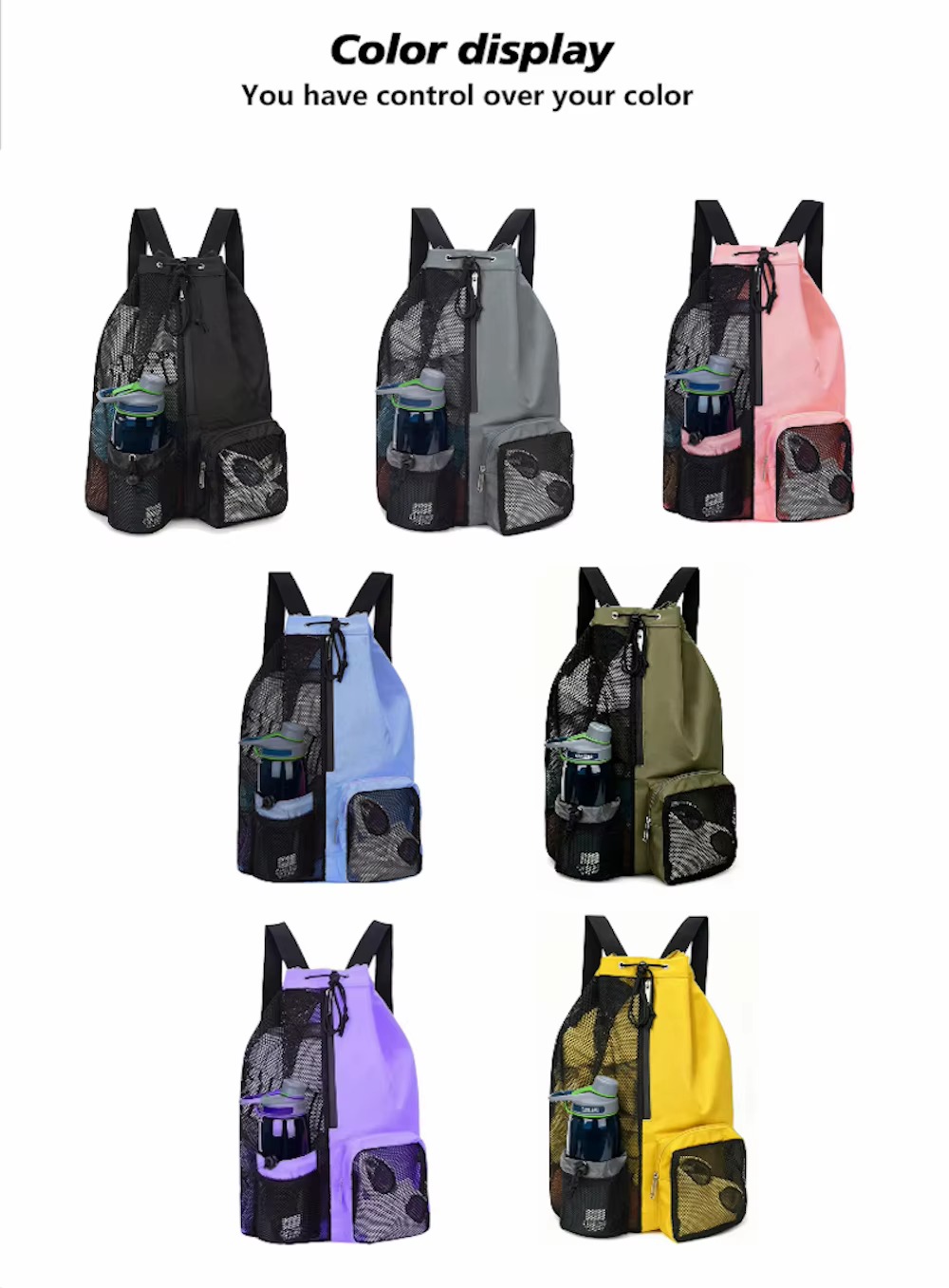 seven color options displayed together: black, gray, pink, sky blue, green, purple, yellow