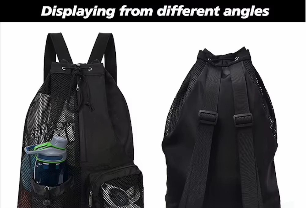 front and back angle views of the black mesh backpack