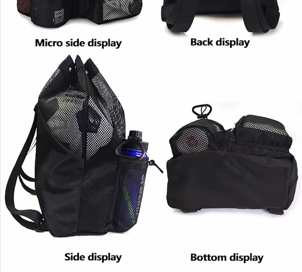 detail callouts for drawstring closure with lock, breathable mesh, adjustment buckle, and zipper