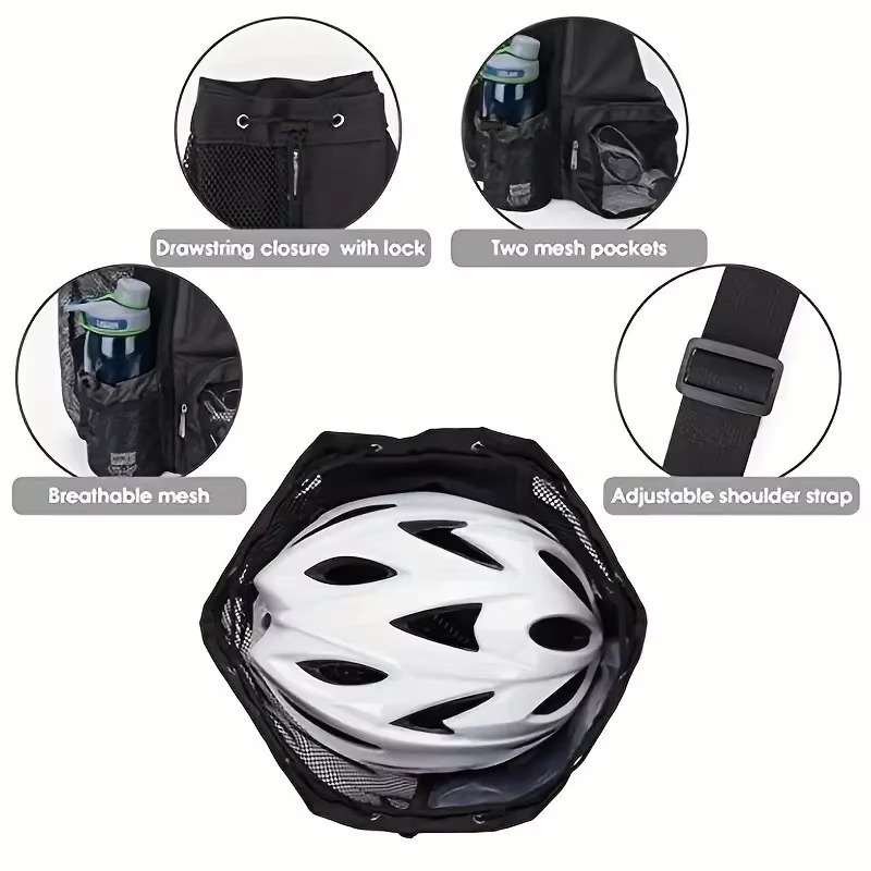 gray mesh backpack with water bottle at a campsite picnic table