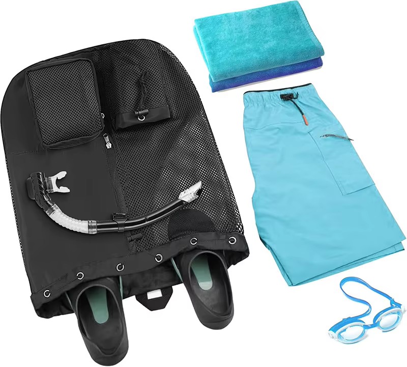 front, back, side, and bottom angle views of black backpack