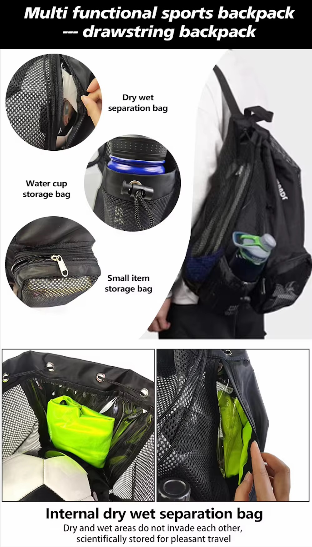 micro side, back, side, and bottom detail views of black backpack