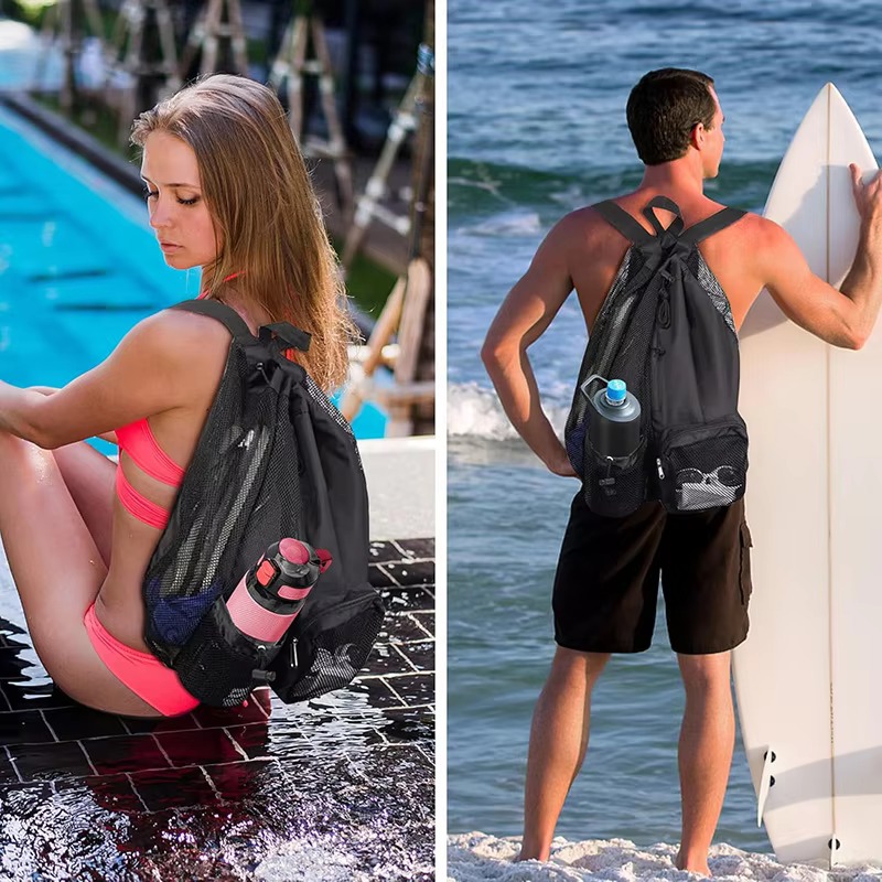 woman poolside and man at beach both wearing the mesh backpack