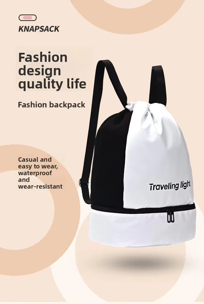 white and black backpacks shown at an angle with Traveling light logo