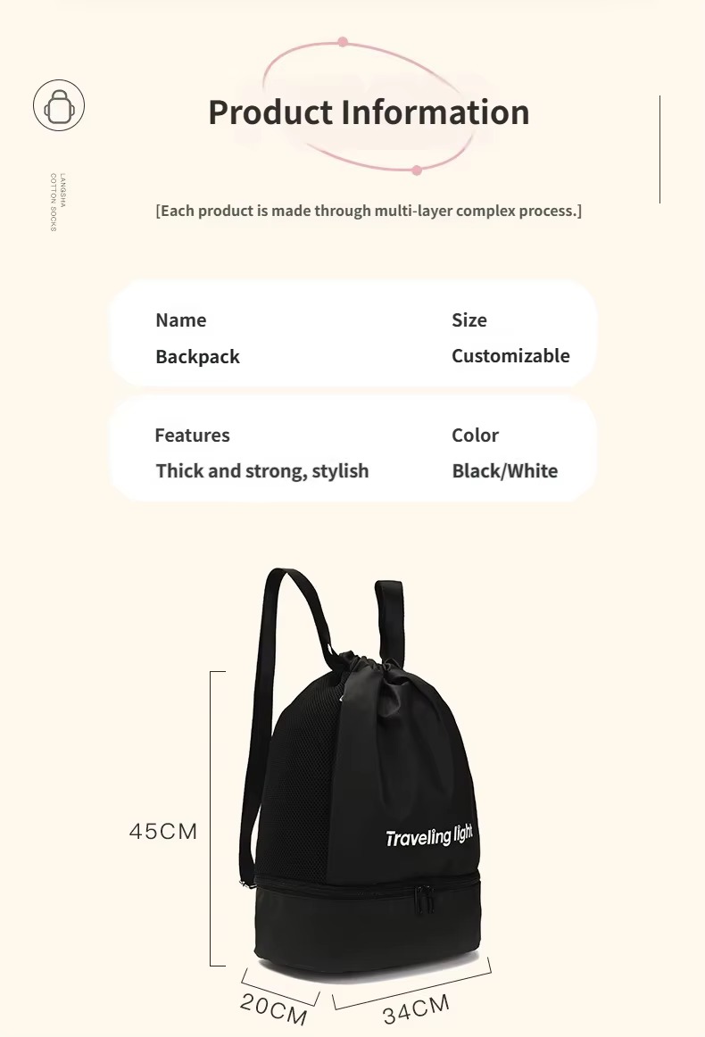 product specifications diagram listing backpack name, fabric, and colors