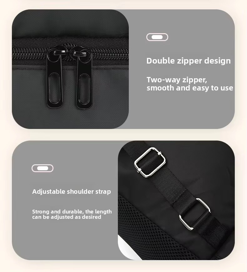 double zipper pull and adjustable shoulder strap buckle close-up