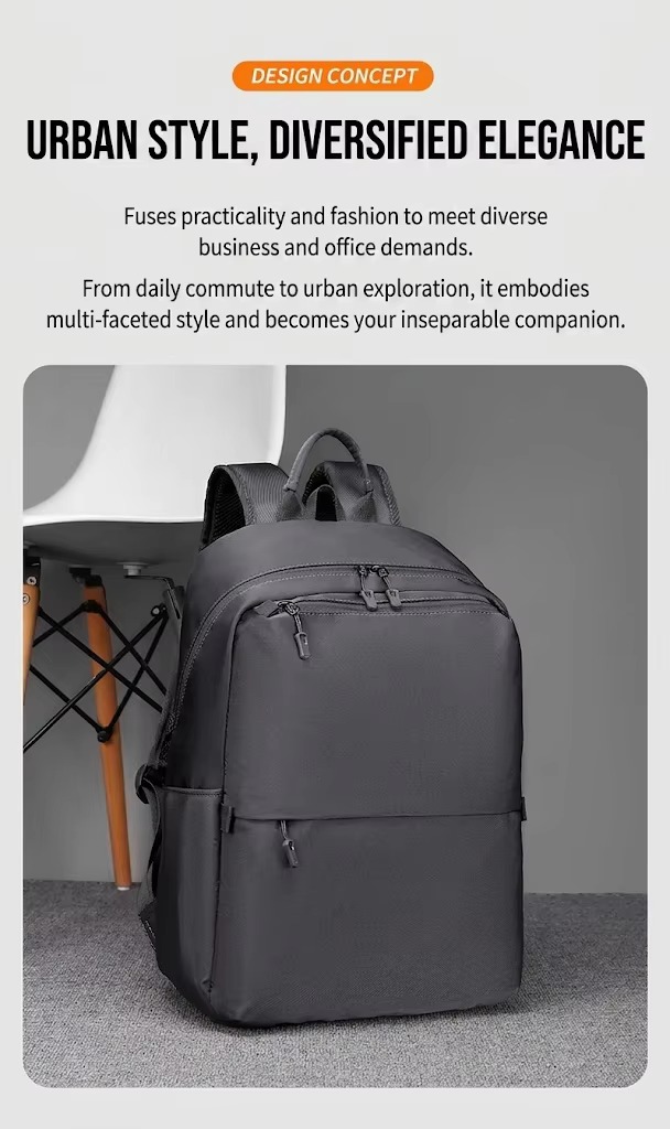 gray backpack shown against a chair with design concept text