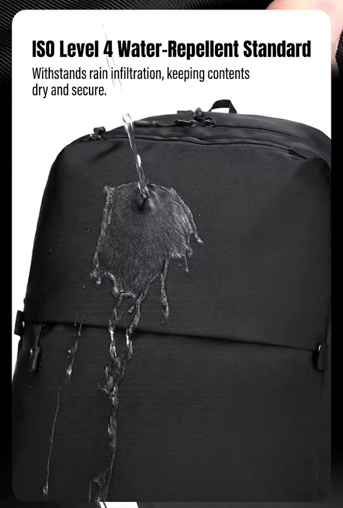 water poured onto backpack surface demonstrating ISO level 4 water resistance