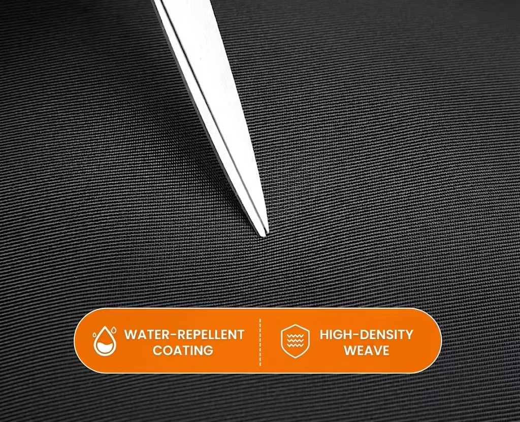 close-up of fabric weave with water-repellent coating callout