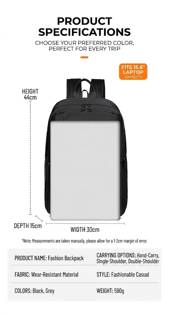 product specifications diagram showing 44cm height, 30cm width, 15cm depth and 15.6 inch laptop fit