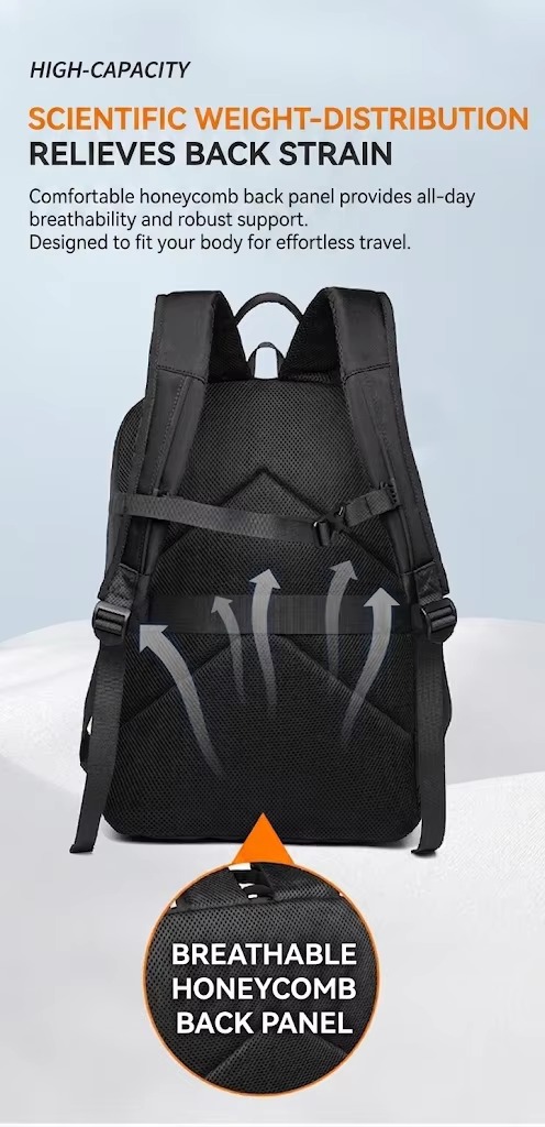 breathable honeycomb back panel with airflow arrows illustration