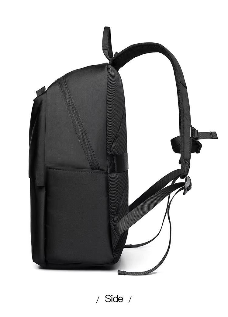 black backpack side profile view showing side pocket and straps