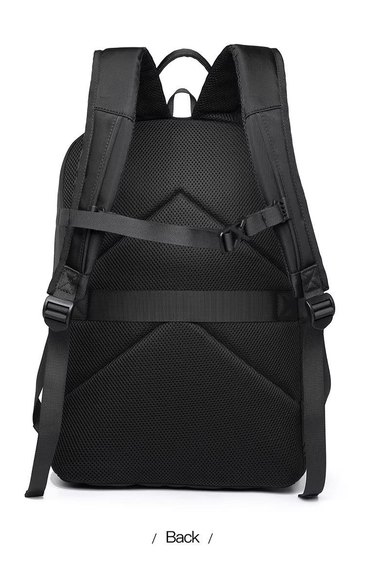 black backpack back view showing honeycomb panel and sternum strap