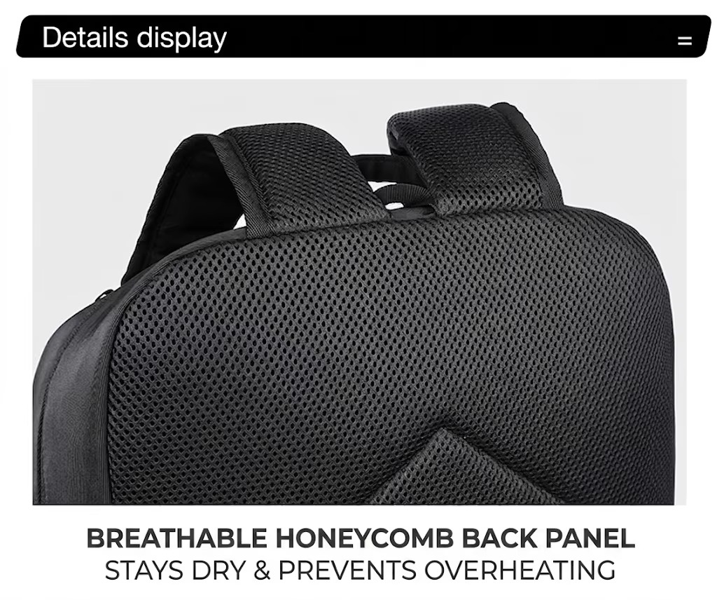 close-up of breathable honeycomb back panel and padded straps