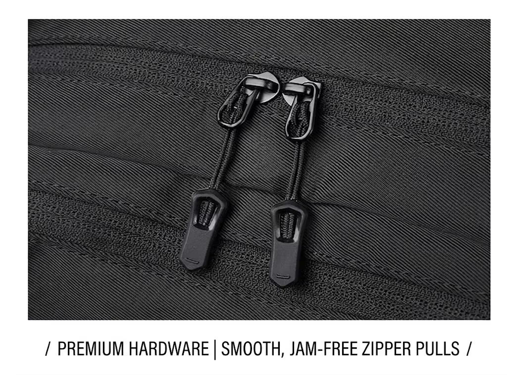 close-up of premium jam-free zipper pulls