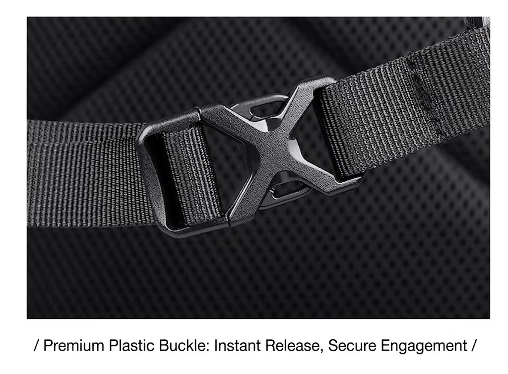 close-up of premium plastic sternum strap buckle