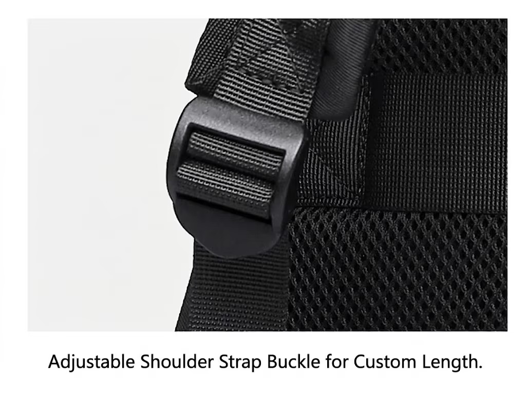 close-up of adjustable shoulder strap buckle for custom length