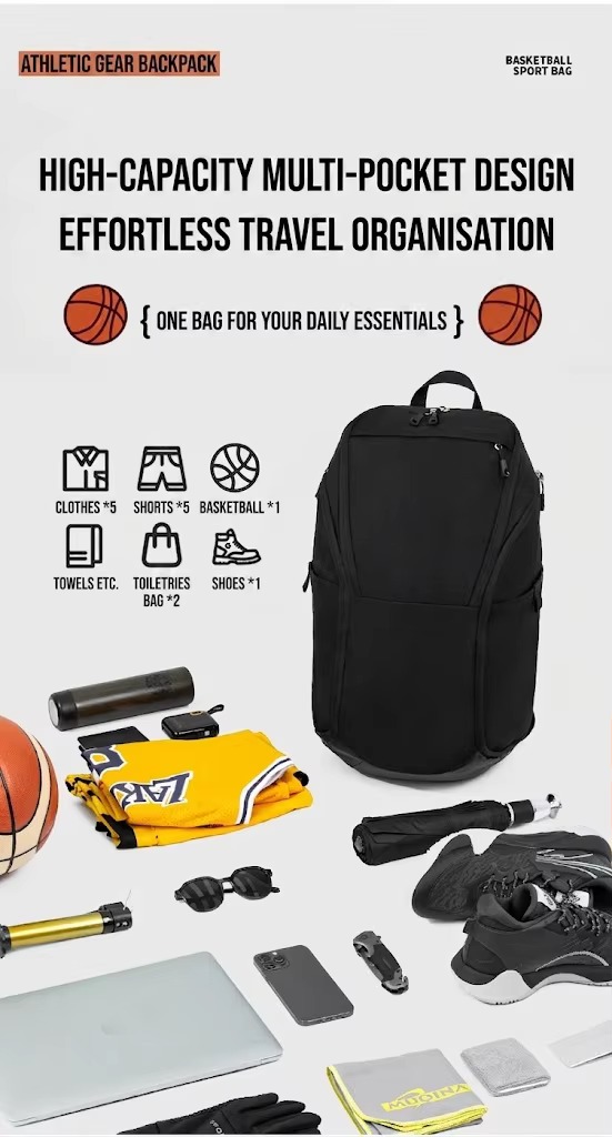 backpack laid open with basketball gear and daily essentials