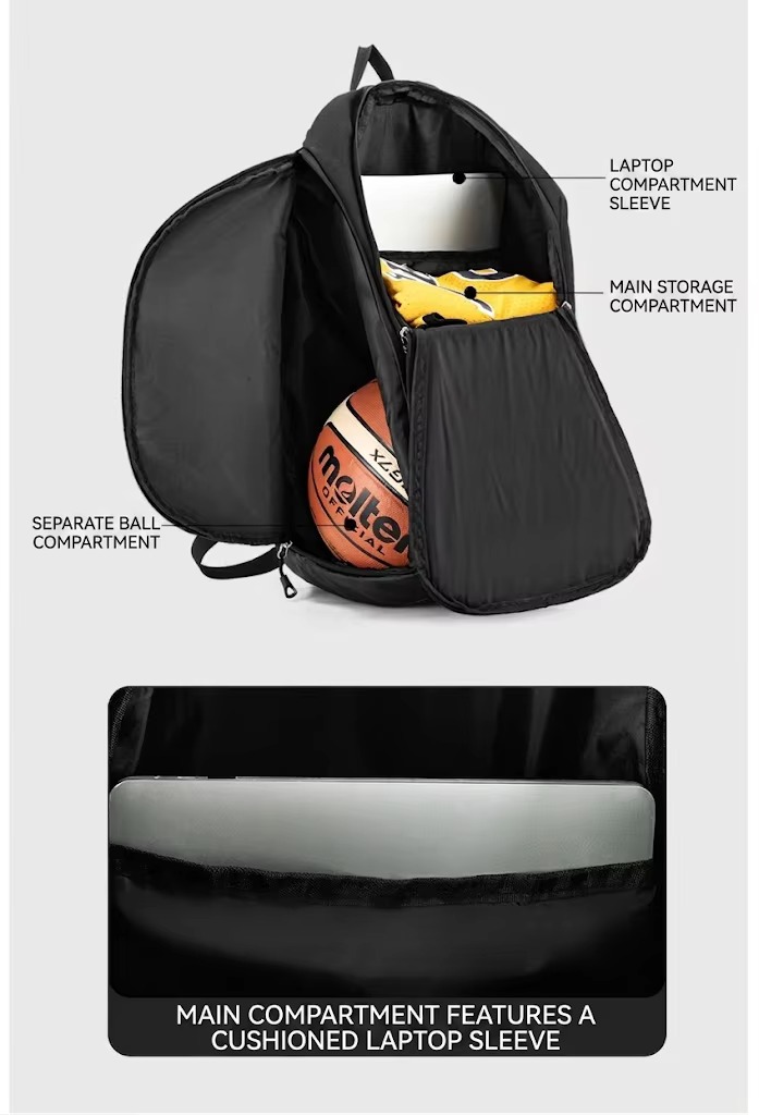 interior compartments showing laptop sleeve and separate ball pocket