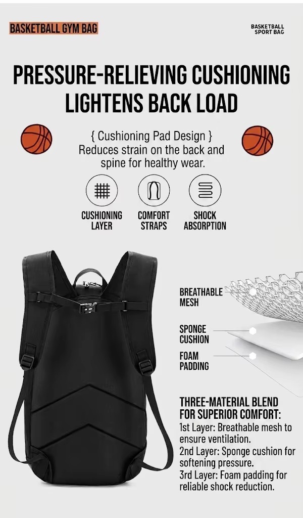 three-layer cushioned back panel with breathable mesh