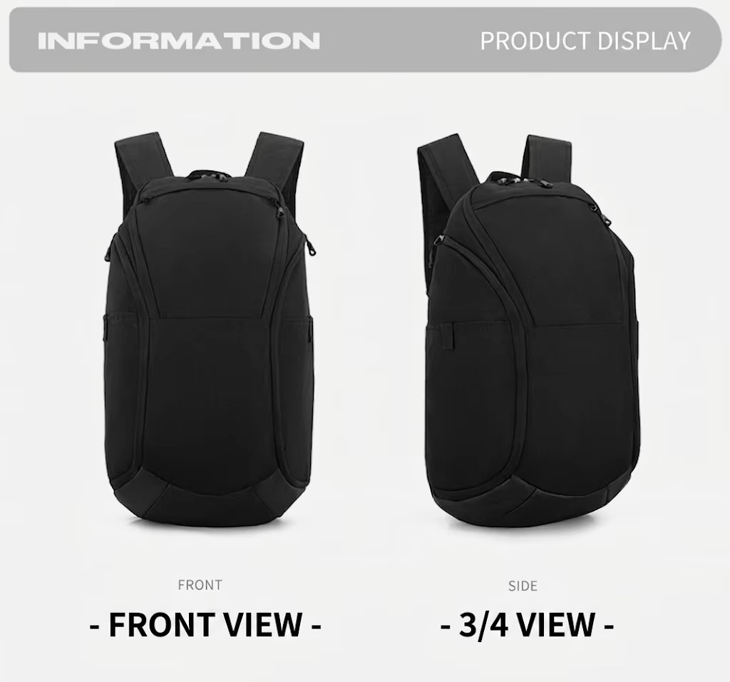 front and three-quarter view of black backpack