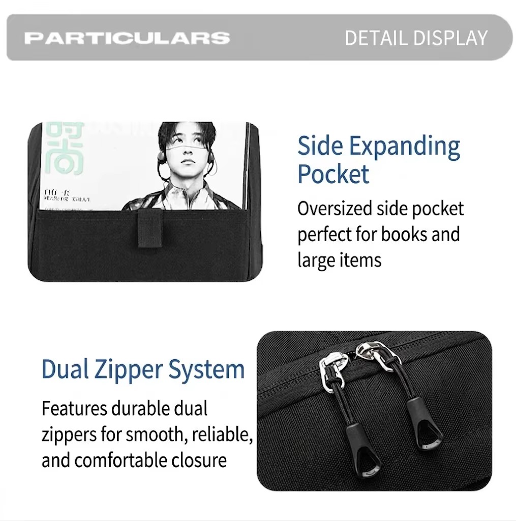 side expanding pocket and dual zipper closure detail