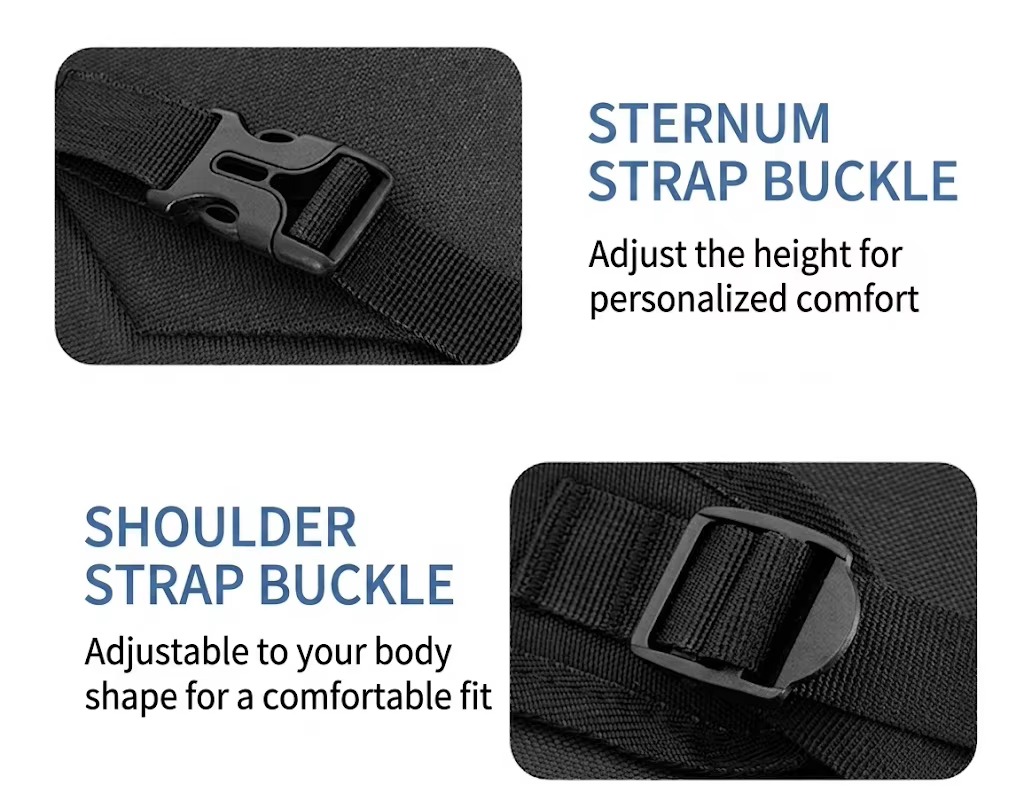 adjustable sternum strap and shoulder strap buckle detail