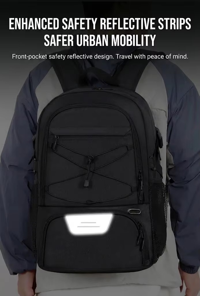 front view of gray backpack with ball compartment