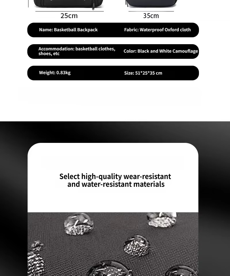size 51x25x35 cm spec labels and water-resistant fabric