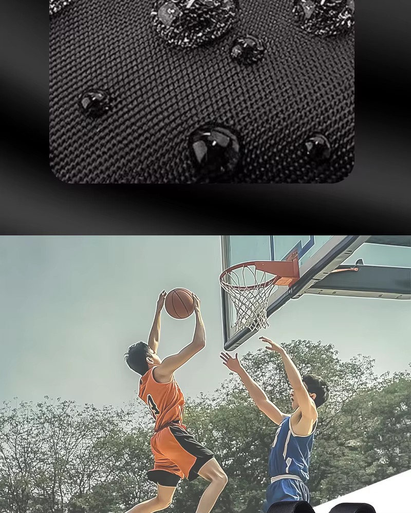 water beads on Oxford fabric and players shooting hoops