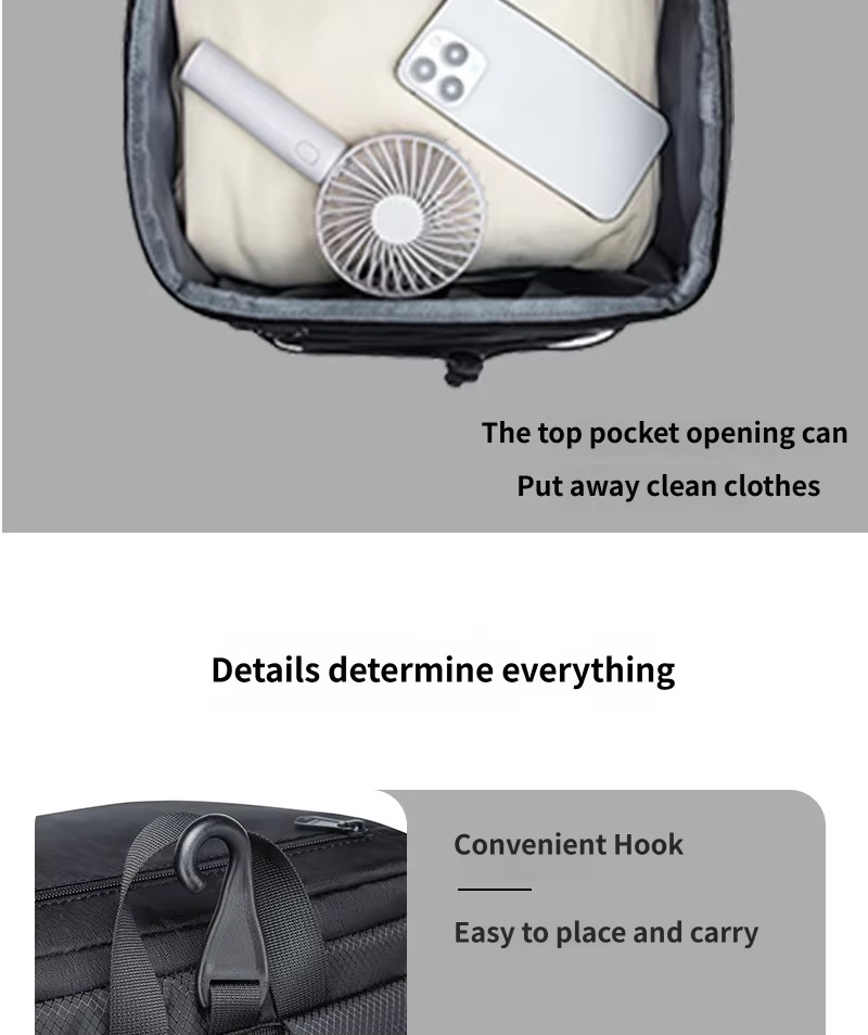 top pocket holding clothes and convenient bag hook