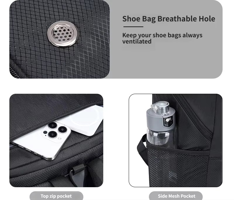 shoe compartment breathable vent, top zip pocket and side mesh pocket