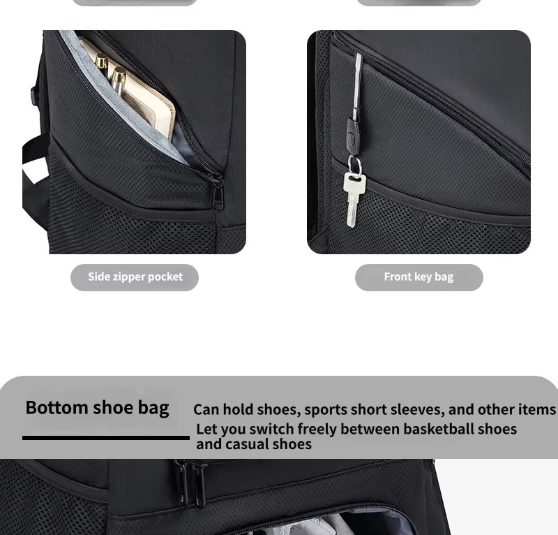 side zipper pocket, front key clip and bottom shoe compartment