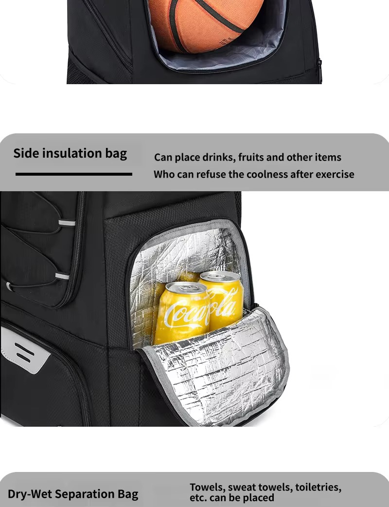 ball compartment and insulated side cooler pocket with drinks
