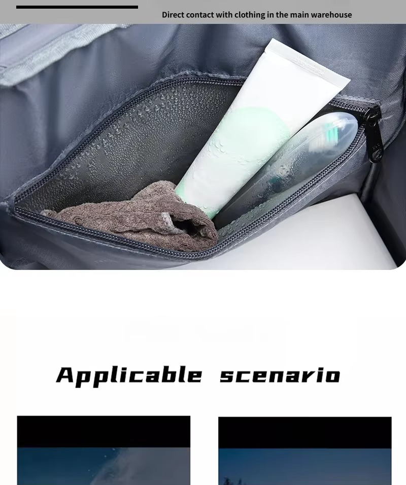 wet-dry separation pocket holding towel and toiletries