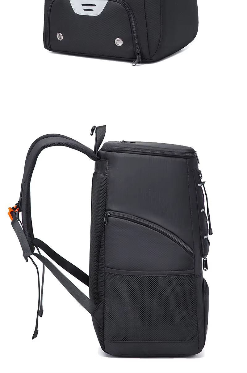 side view showing mesh pocket and shoulder strap