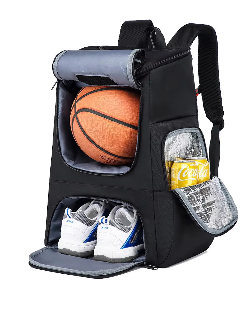 all compartments open with basketball, sneakers and cans